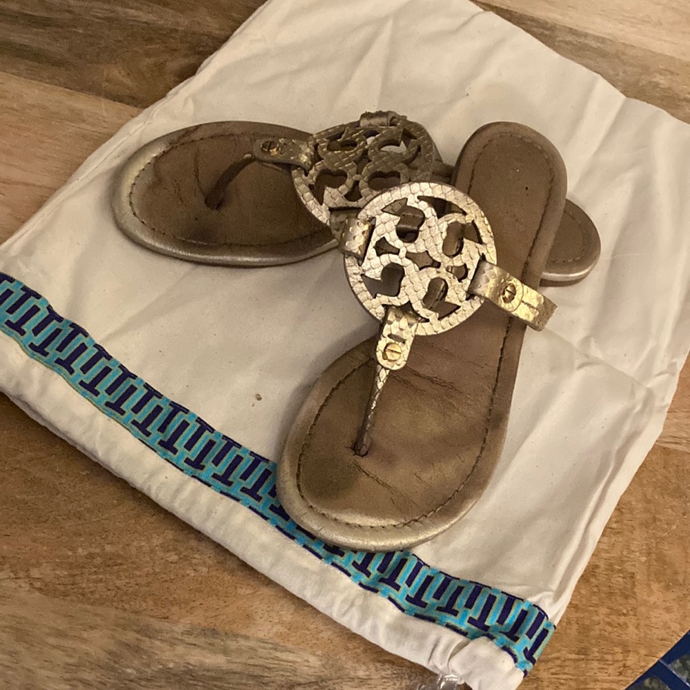 Tory Burch Gold Miller Metallic Glossy Snake Print Sandals 8.5